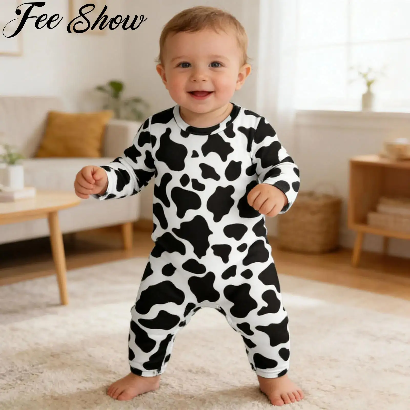 

Одежда для маленьких мальчиков и девочек, пижамы с принтом коровы, повседневные комбинезоны с круглым вырезом и длинными рукавами, комбинезон с пуговицами на промежности, домашняя одежда, одежда для сна