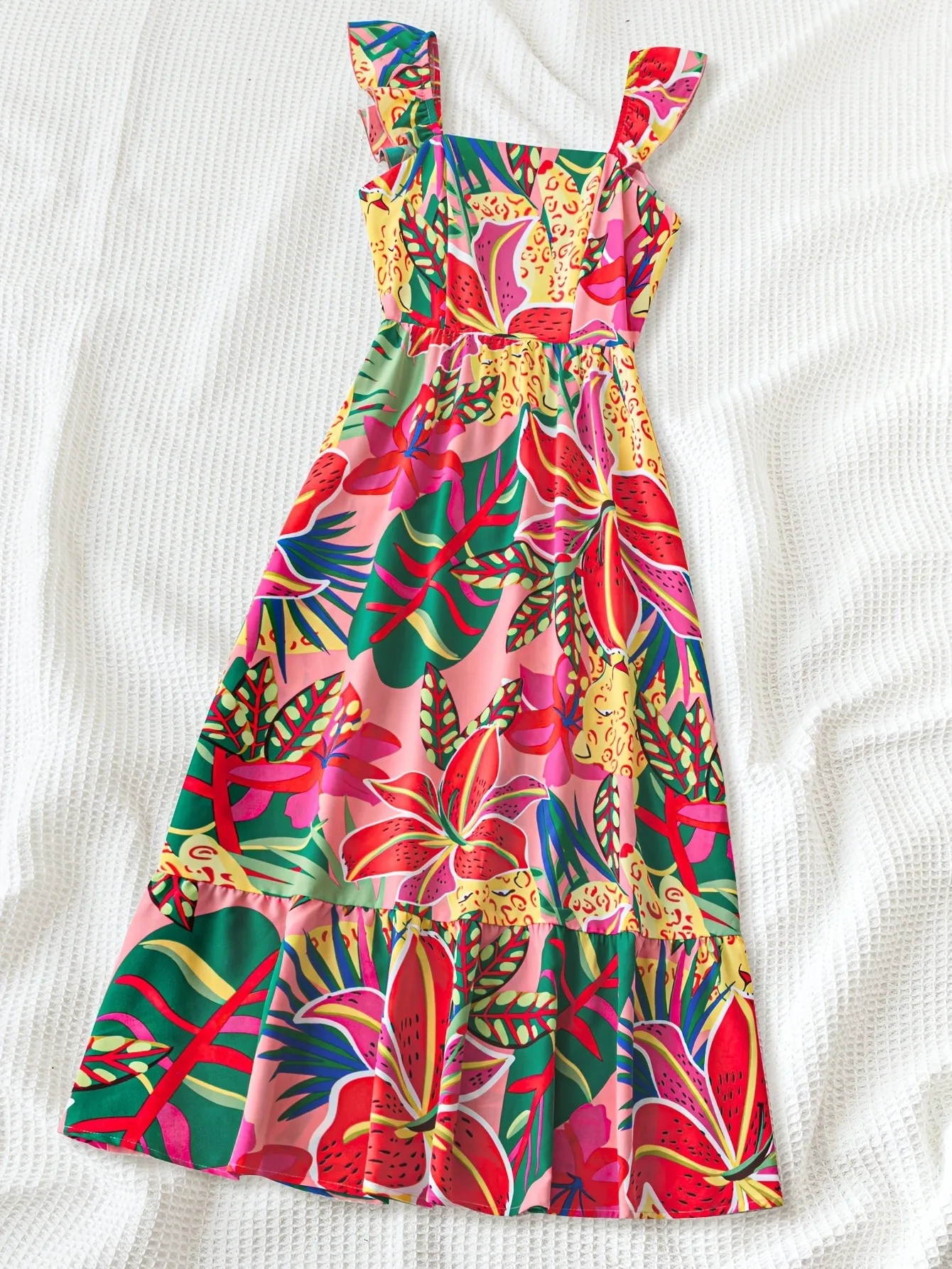 Trendy Girls Colorful Jungle Print Long Dress, Flutter Strap Square Neck A-Line Tiered Maxi Dress for Beach Vacation & Party