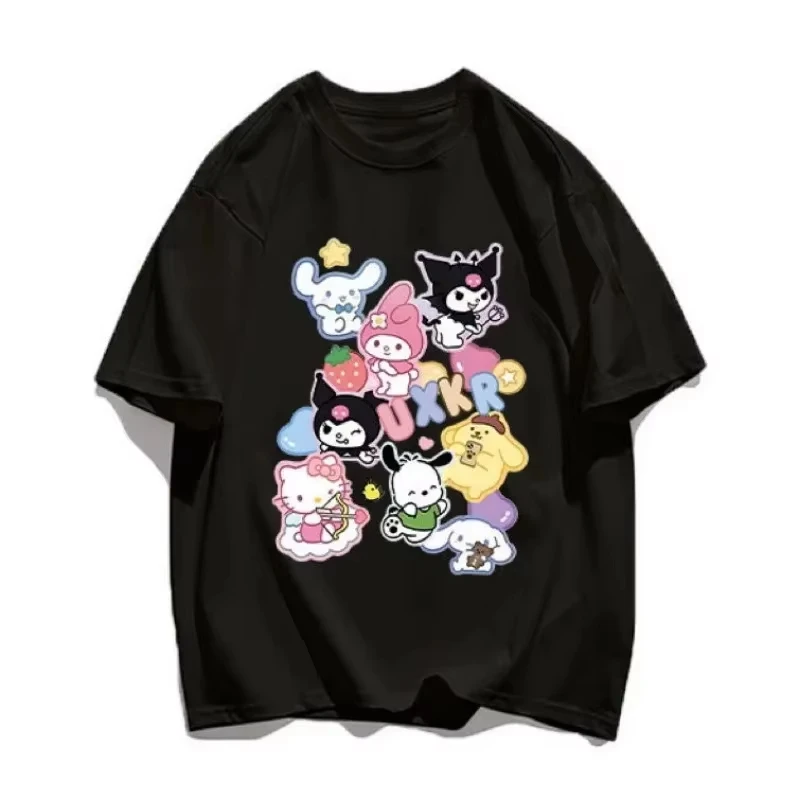 2025 صيف جديد سانريو قصيرة الأكمام Harajuku الأعلى Harajuku اليومية س الرقبة مرحبا كيتي مطبوعة حجم كبير تي شيرت عادية للجنسين