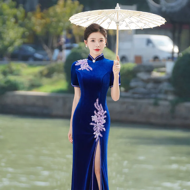 

Plus Size Sexy Mermaid Split Velour Women Qipao Chinese Dress Classic Applique Stage Performance Cheongsam Evening Party Dress