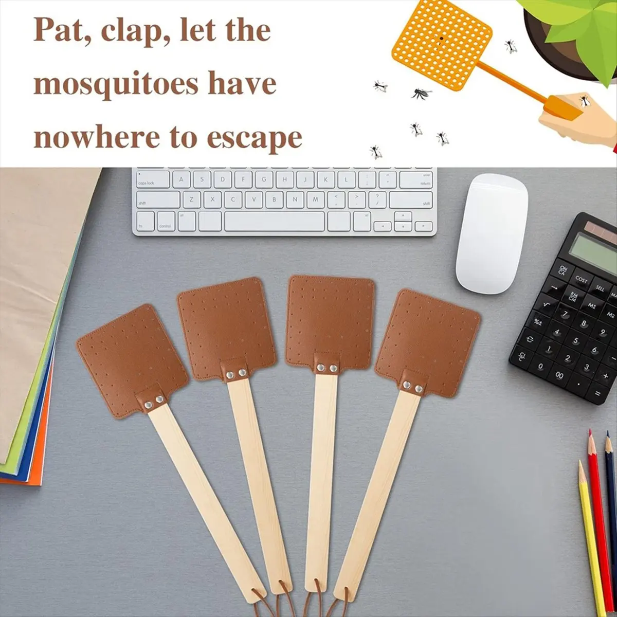ABUA 4 Pieces 17.3 Inch Fly Swatter Leather Fly Swatter Long Fly Swatter Manual Fly Swatter Wood Handle Bug Swatter