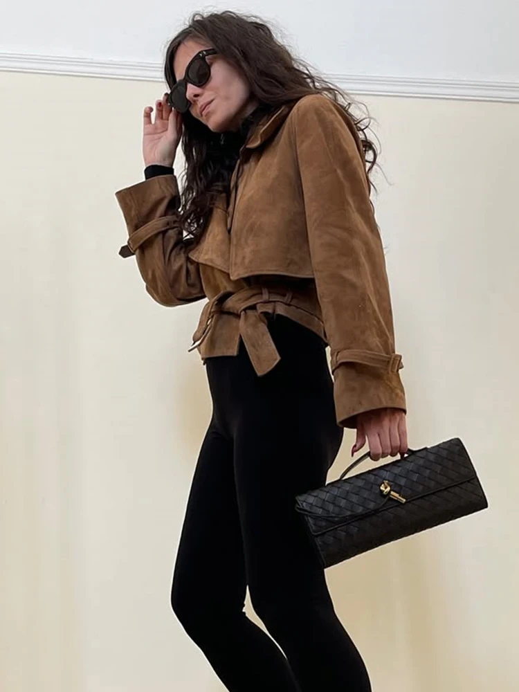 Jaket Pendek Wanita Trendix Musim Gugur Warna Cokelat Suede, Cardigan Kasual Modis dengan Patchwork dan Ikat Pinggang, Mantel Pendek Vintage untuk Aktivitas Jalanan dan Kerja