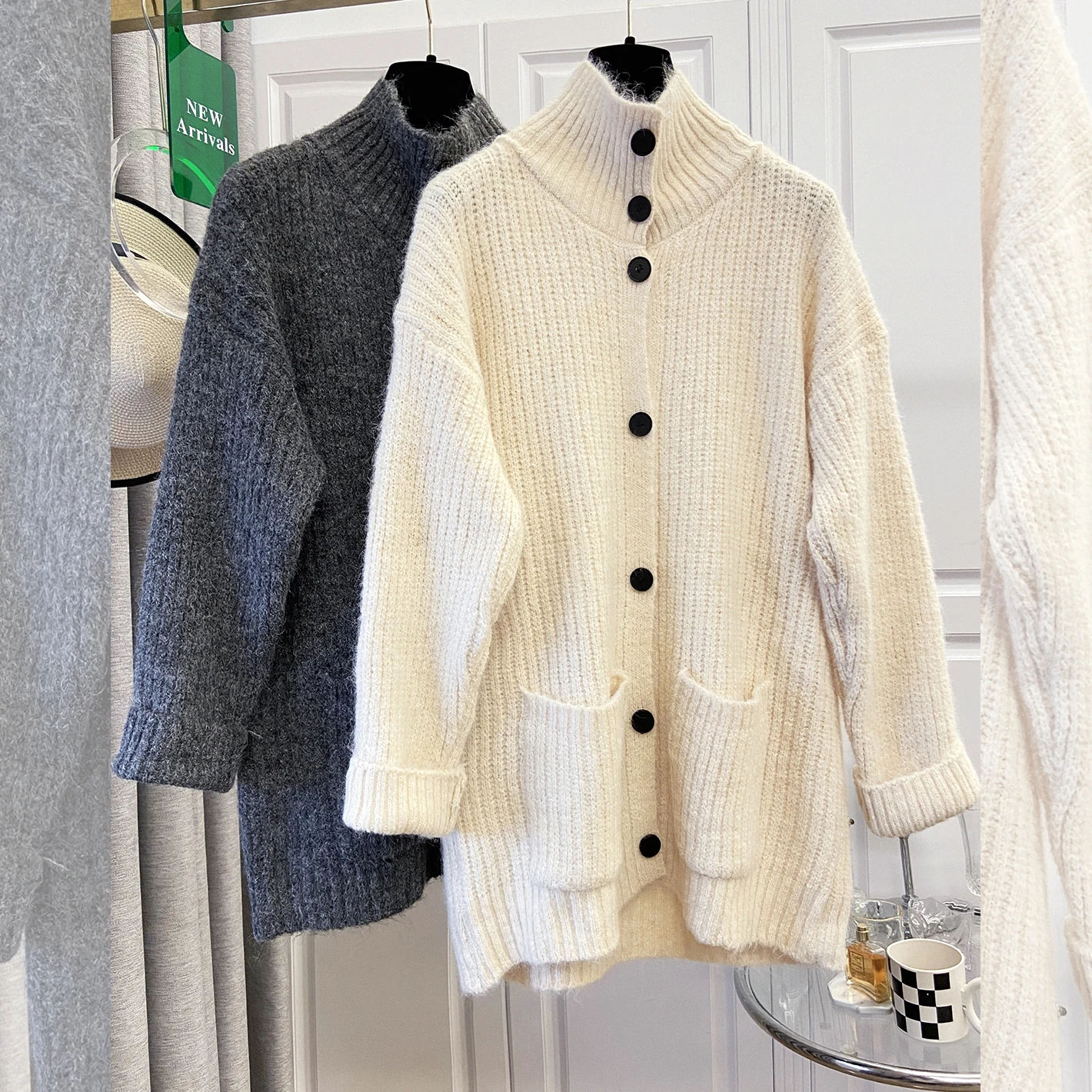 

SuperAen Stand Collar Knitting Cardigan Jacket for Women's Autumn and Winter Korean-style Thick Loose Sweater Tops