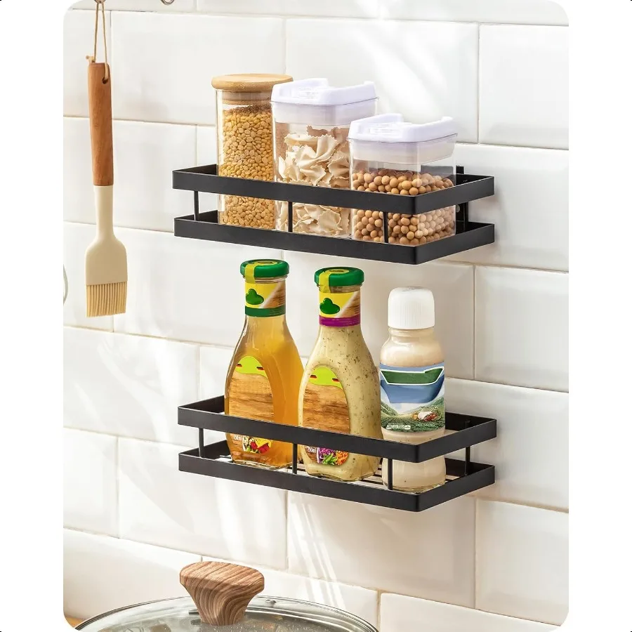 

Metal Spice Rack Wall Mount Floating Shelves 2 Pack Black Storage organizer for Cabinet Door Pantry Kitchen Bathroom Supplies 9