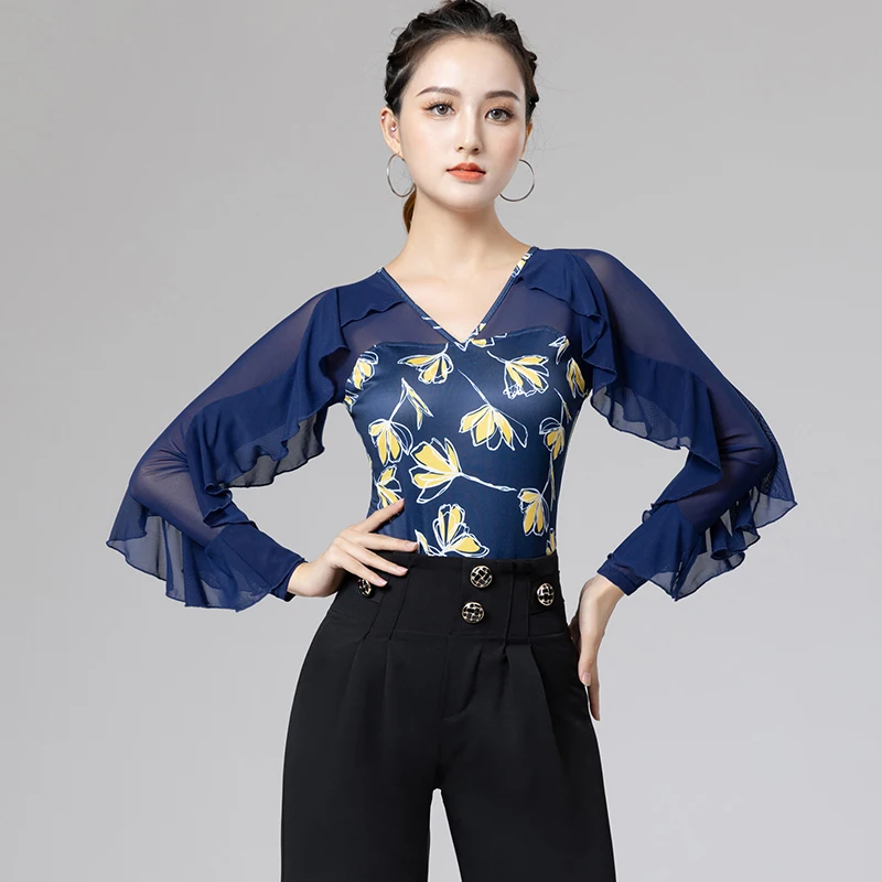 

Latin Dance Tops For Women Adult Long Sleeve V-Neck Practice Clothes Modern Ballroom Dance Stage Jumpsuit Waltz Shirt DQL7592