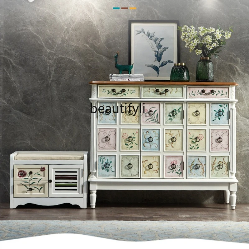 Shoe Cabinet with Shoe Changing Stool, Large Capacity Storage Cabinet, Entrance Hall Partition Cabinet, Vintage Painted