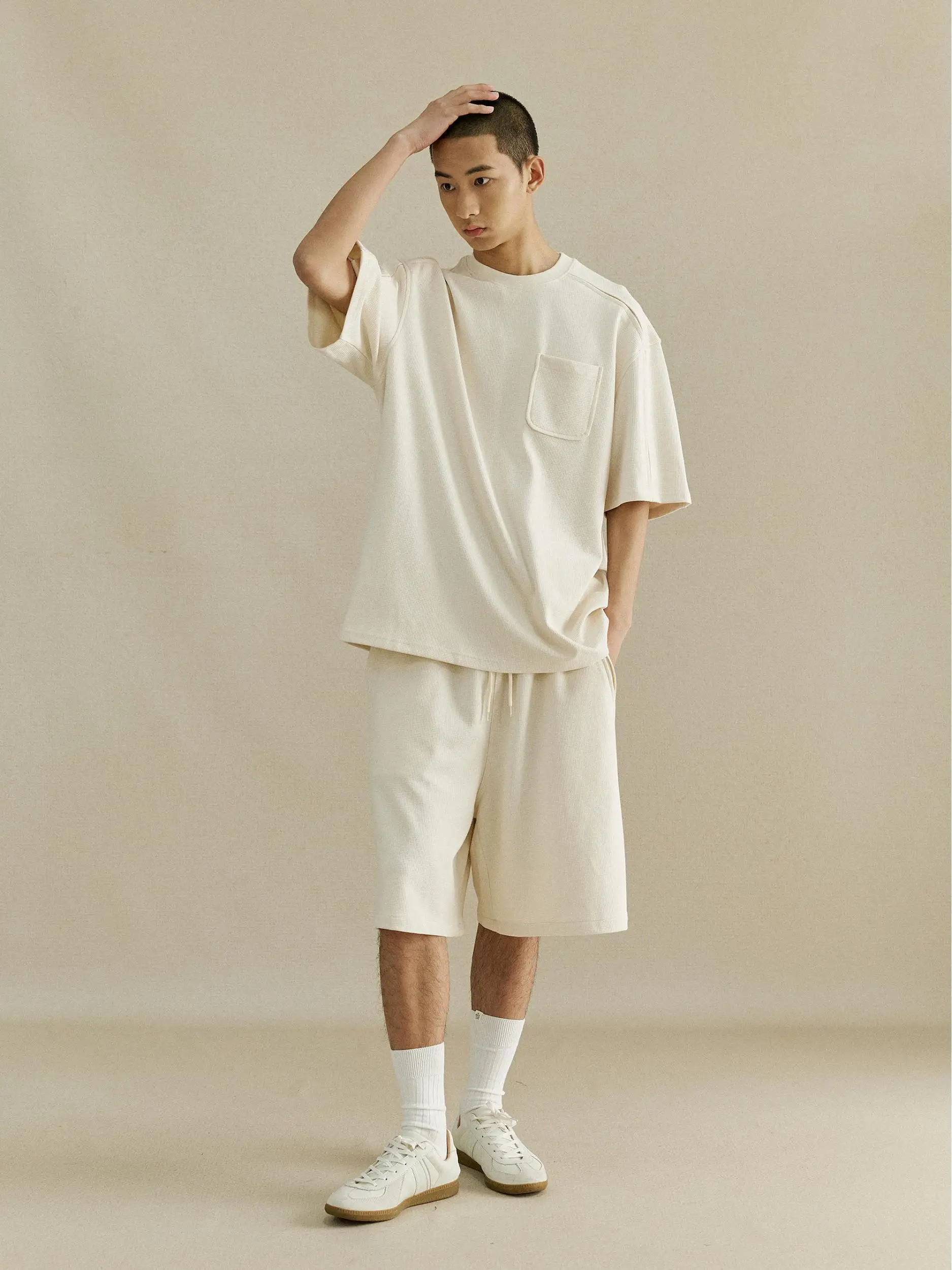 New style dropped shoulder sleeves loose waffle round neck short sleeve men summer American solid color casual T shirt tee y2k