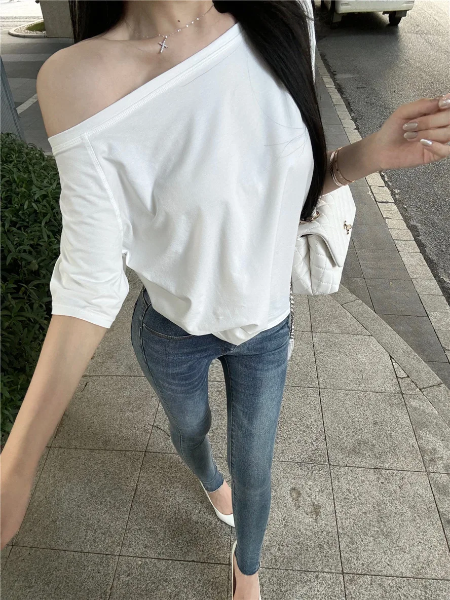 Damen Sommer Neu Lässiges Off-Shoulder Einfarbiges Vielseitiges Oberteil Locker und Stilvoll Kurzarm-T-Shirt Studenten-Oberteil Y2K-Stil – Detail 3