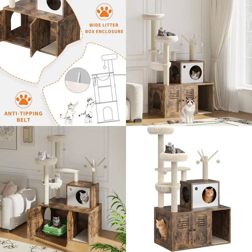 

Стильная многоуровневая лежанка-когтеточка для кошек с лотком для туалета и аксессуарами, коричневая