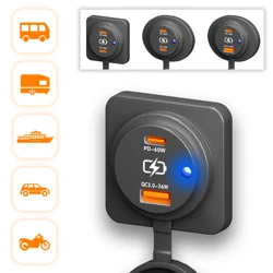 12V-24V Dual USB Charger Socket QC 3.0 PD 60W Type C Power Adapter with Blue Led for Car Boat Marine Motor Marine Truck RV