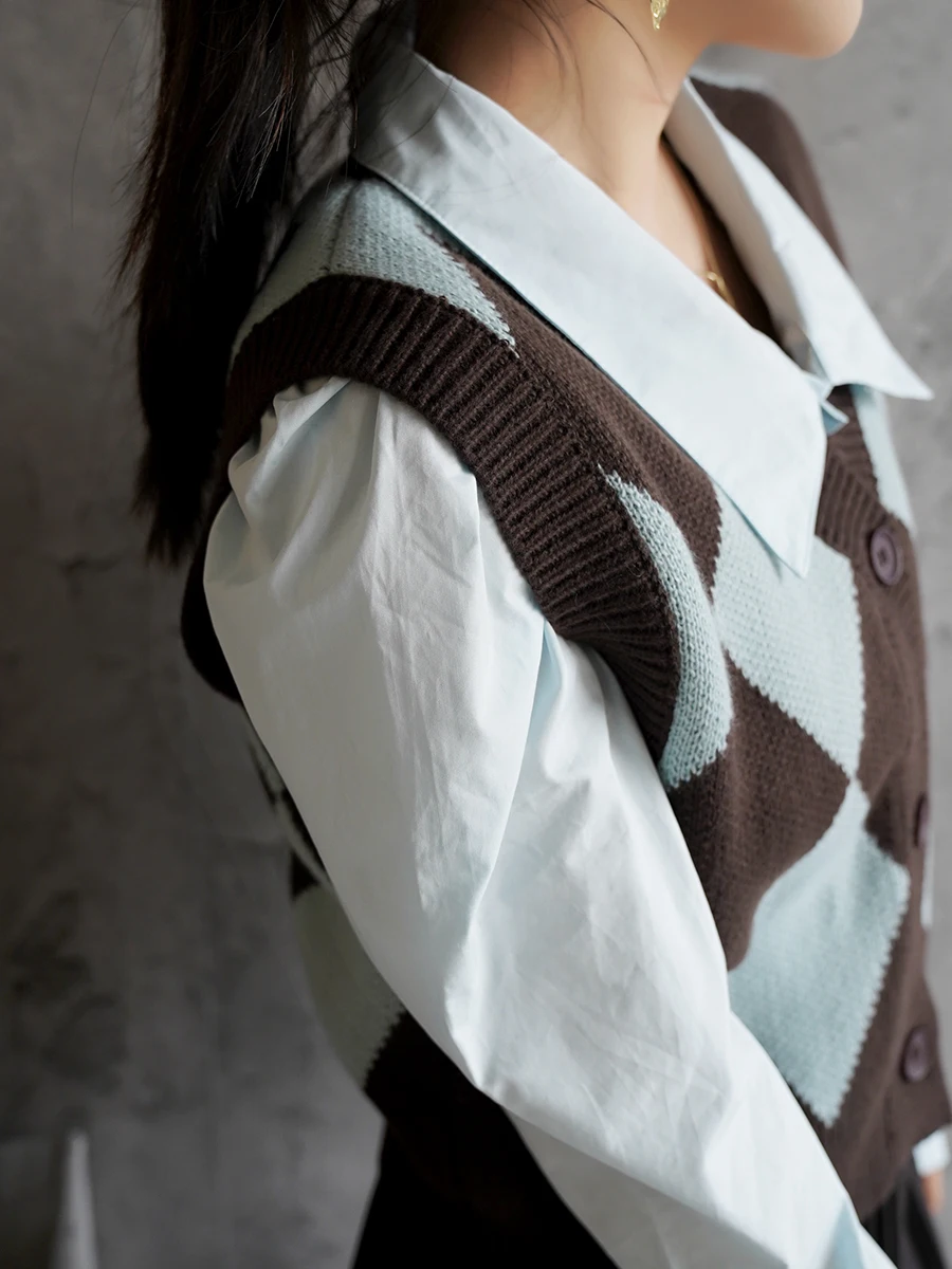 

Warmo клетчатый свободный крой Long Sve трикотажный женский зимний комплект из двух предметов с воротником для куклы на пуговицах