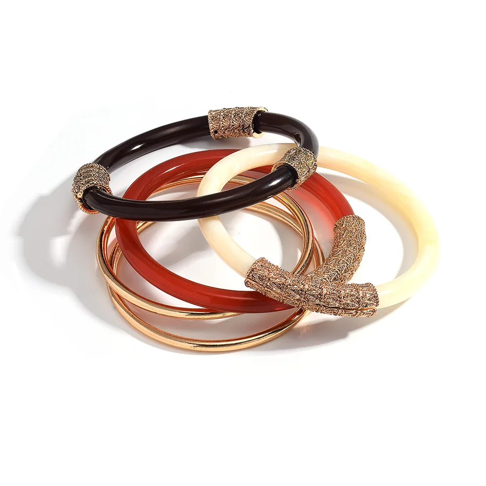 5Pcs Vintage Bohemian Bangle Set Tortoise Resin Antique  Carved Metal Stackable Ethnic Multi‑Color Layered Women Wrist Jewelry