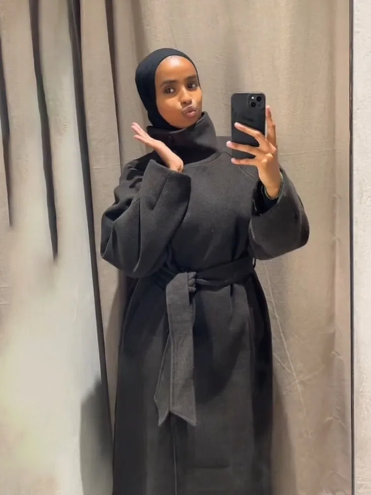 HH الشتاء معاطف النساء الأنيقة الصلبة عالية الياقة طويلة الأكمام جيوب حزام الديكور واحدة الصدر الإناث معطف طويل فضفاض