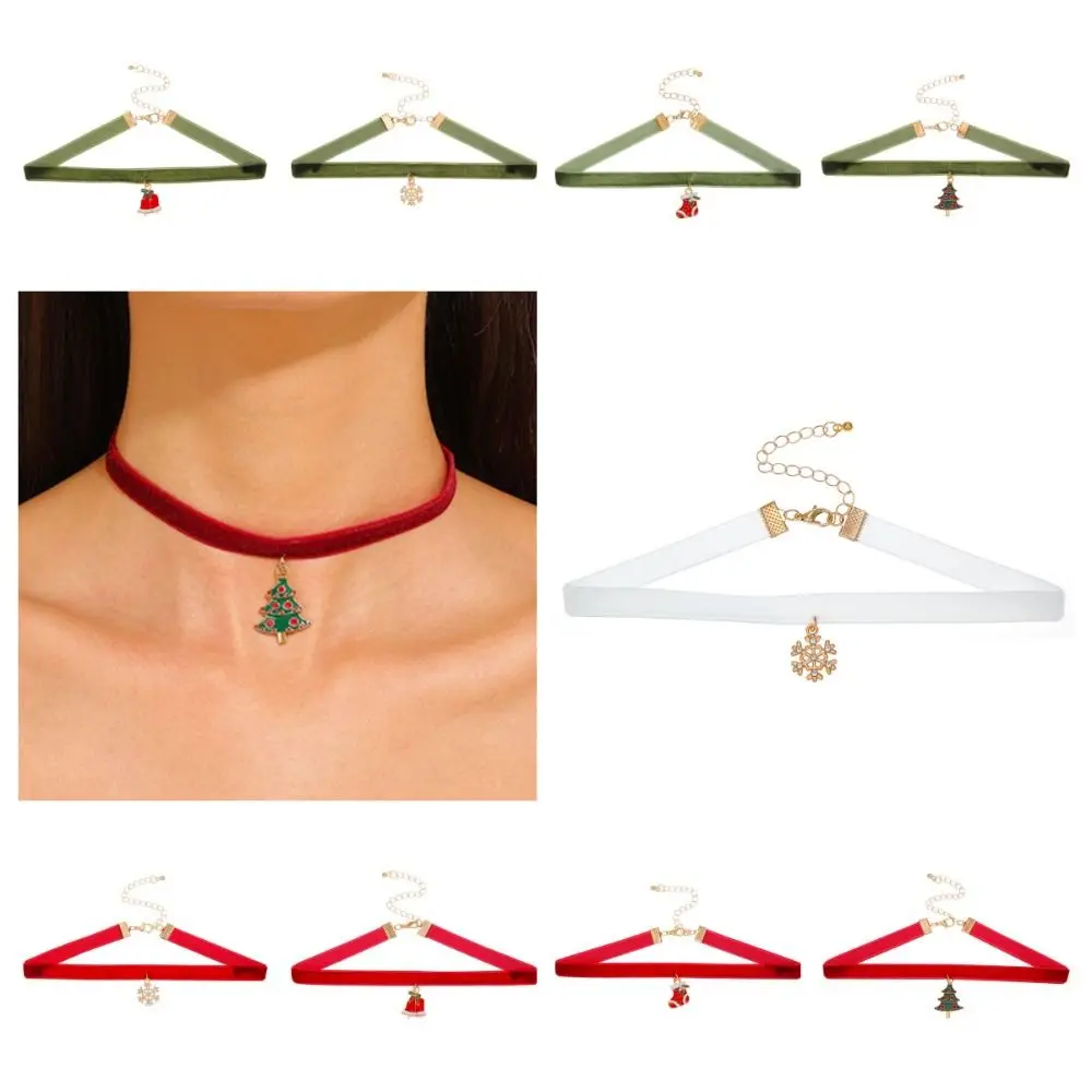 Clavicle Chain Christmas Choker Cartoon Christmas Tree Velvet Collar Necklaces Santa Gingerbread Man Cartoon Pendant Choker Gift