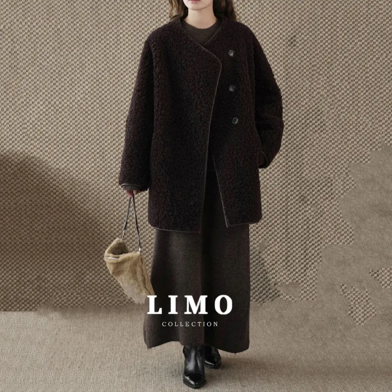 

LIMO 2025 Autumn Winter Stylish Lamb Wool Coat Women's Asymmetrical Zipper Button Jacket Cotton Polyester Warm Outerwear