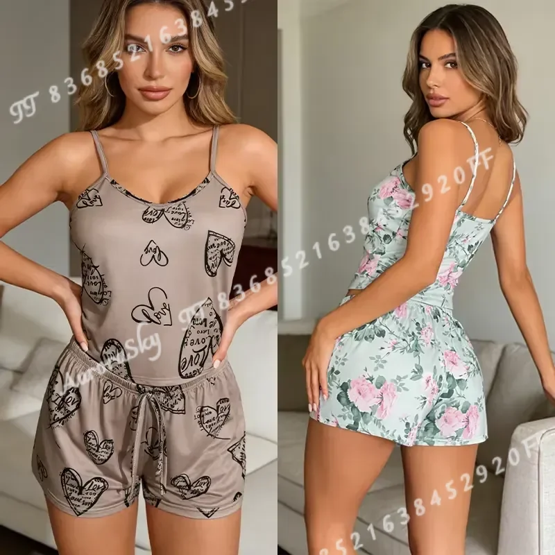 Women Sexy Satin Pajama Set Print Round Neck Ice Silk Top T Shirt and Shorts Breathable Comfortable Home Wear New 3