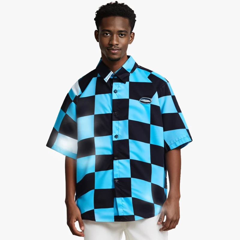 

2024 Summer Men's Football Shirts Button Down Hawaiian Shirts For Men All-over Checkerboard Design Short Sleeve Beach Shirt