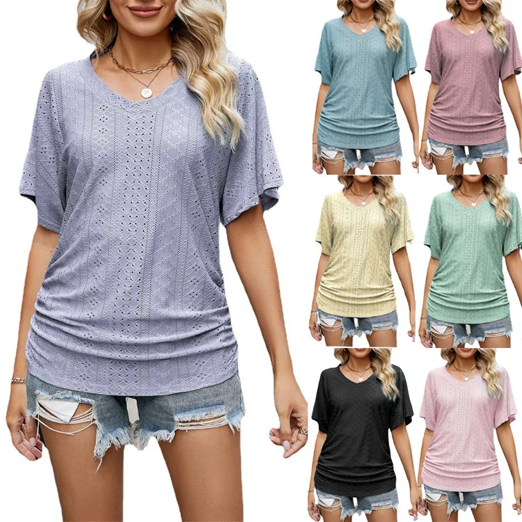 

Women's Short Sleeve T-shirts Patchwork Blouse Tops Hollow Eyelet Embroidery Lace V-Neck Loose Fit Casual Summer Tees