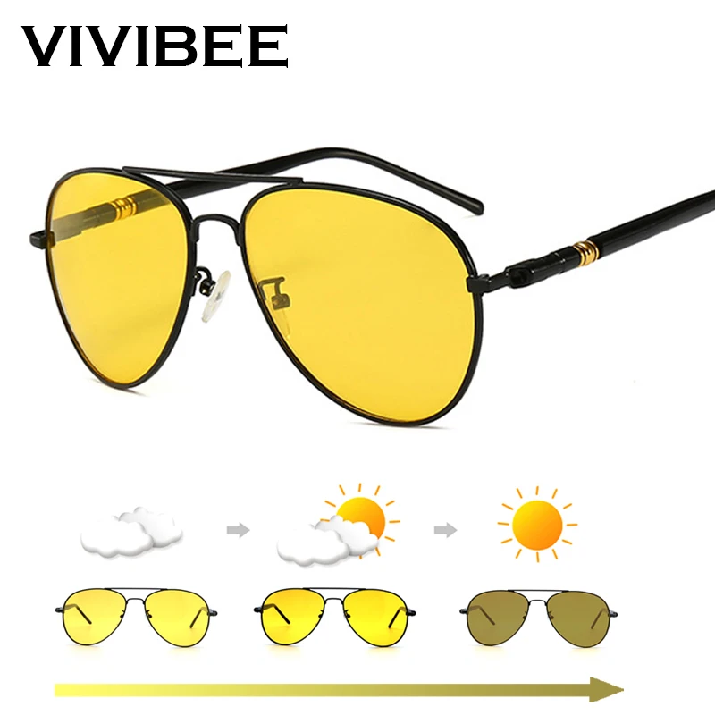 VIVIBEE Photochromic Sunglasses Men Pilot Driving Yellow Color Change Polarized Women Sun Glasses Aviation Day and Night Vision