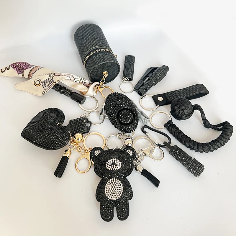 11Pcs Security Self Defense Safety Rhinestone Keychain Key Ring Pendant Emergency Keychain Set For Women