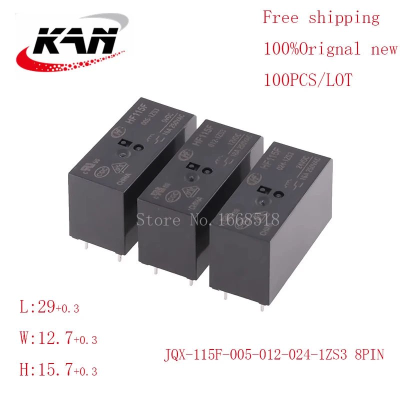 

Free shipping 100pcs relay JQX HF115F-005-1ZS3 HF115F-012-1ZS3 HF115F-024-1ZS3 5VDC 12VDC 24VDC 16A 250VAC 8PIN Original New