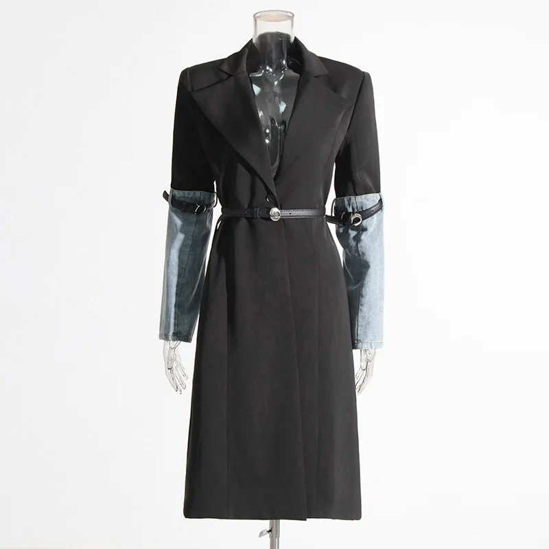 ZAMOR Fashion Commuter Waist-Cinching Slimming Long Women Outerwear 2026 New Unique Color Block Denim Trench Coat
