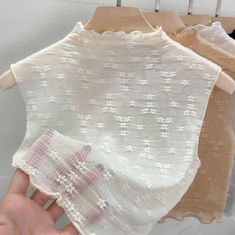 المرأة الكورية نصف الياقة المدورة الزهور الدانتيل سترة الصيف بلا أكمام الدانتيل جوفاء تانك الأعلى