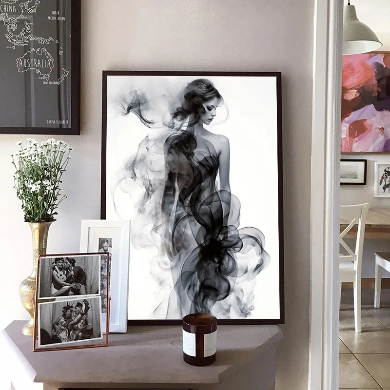 Black White Modern Abstract Line Minimalist Shadow Inked Woman Canvas Painting Wall Art Poster Print for Room Home Decor Gift
