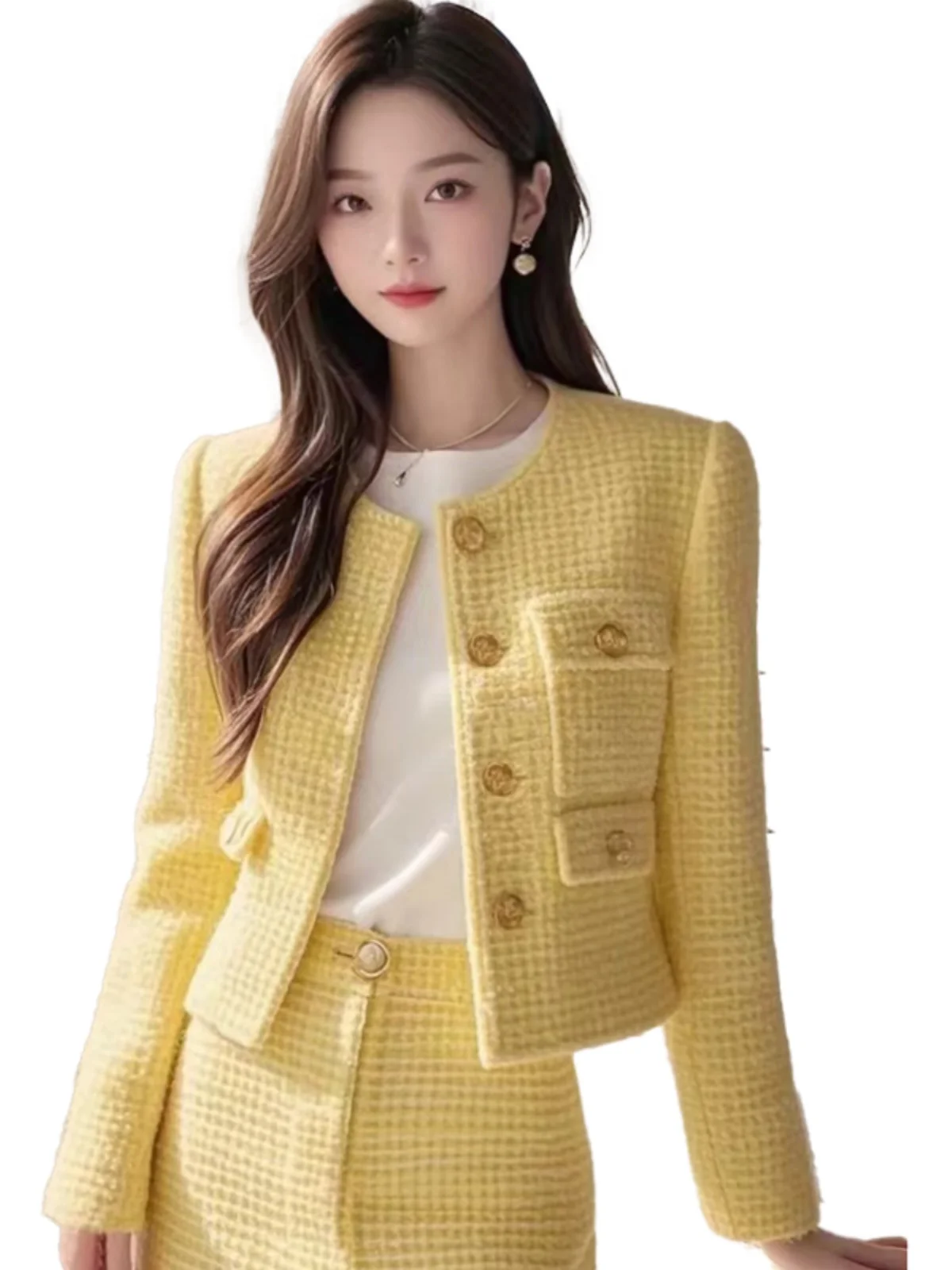 

Spring Autumn 2025 New Sle Cr Yellow Slimming Small Fraance Wind Top plus f Skirt Slimming Two Piece Set Women
