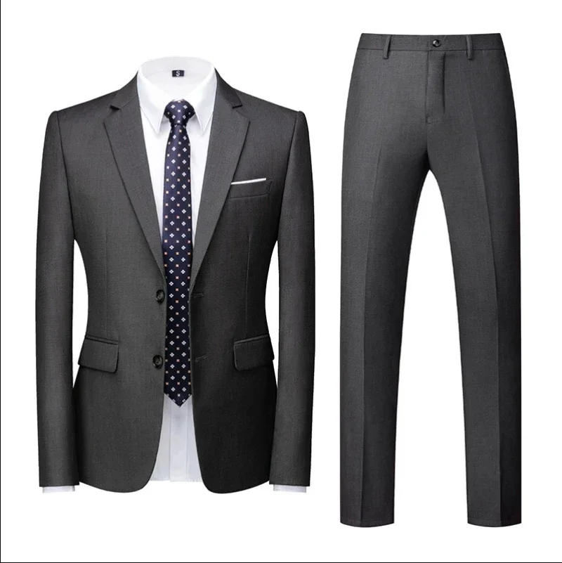 6XL Suit (Blazer+Pants) Fashion Business Casual Slim-fit Wedding Gentleman Solid Color Full Professional Interview Formal Suit