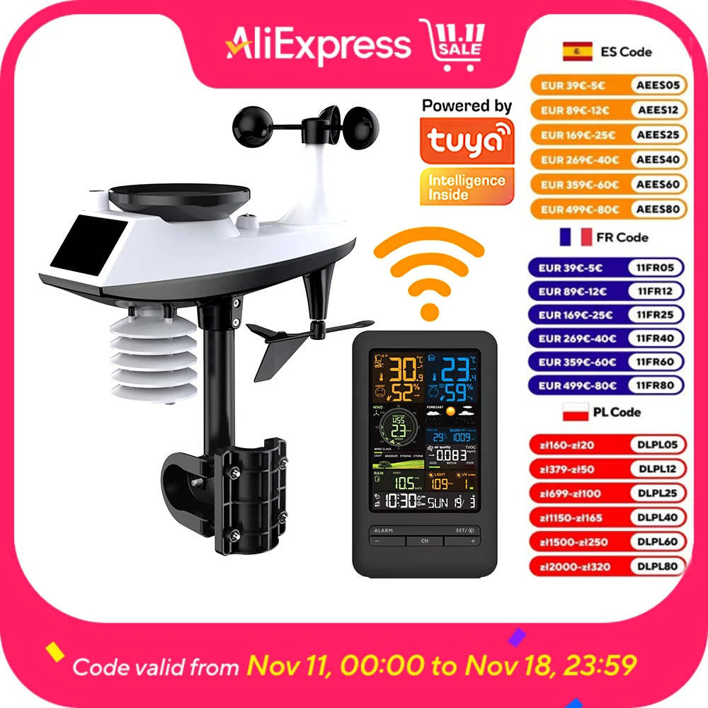 واي فاي محطة الطقس الذكية تويا المنزل الرقمية اتجاه سرعة الرياح الأمطار ضوء مؤشر جودة الهواء مراقبة درجة الحرارة والرطوبة #6