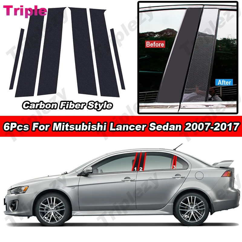 6Pcs Glossy Piano Black/Carbon Fiber PC Material Car Pillar Posts Window Trim Cover Stickers For Mitsubishi Lancer EX 2007-2017