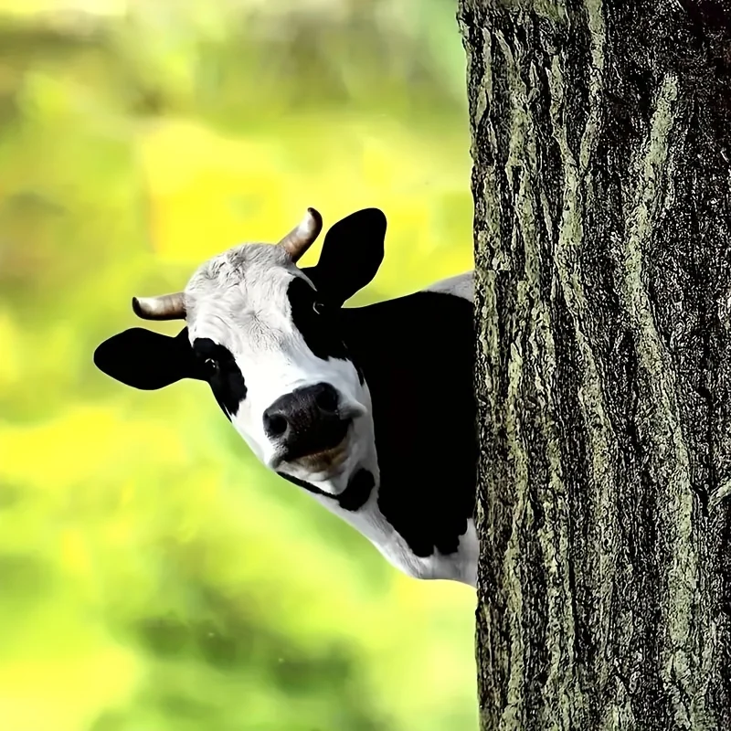 1pc Black And White Farm Animal SculptureA Cat-Themed Cow Fence Sign And Wall Decoration Peeking from Behind a Tree Trunk