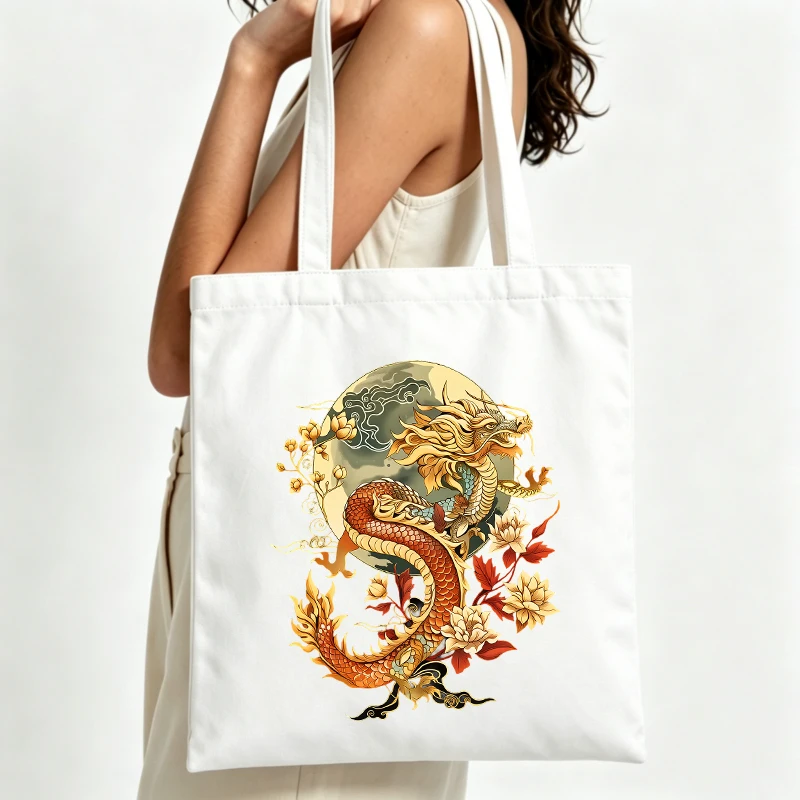 Women's dragon and moon graphic canvas tote bag, artistic print for daily shopping and casual outings