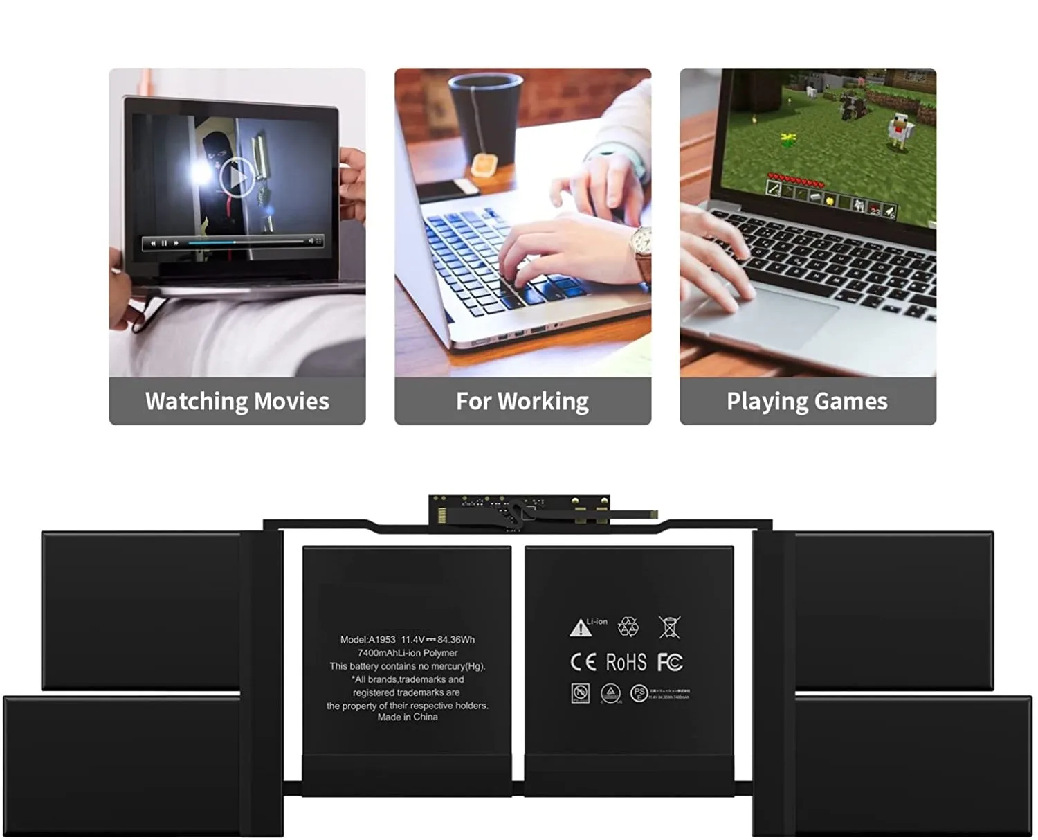 A1990 A1953 Battery Replacement for MacBook Pro 15" Touch Bar EMC 3215 3359 Mid 2018 2019 MV902LL/A MV912LL/A 11.4V 83.6Wh