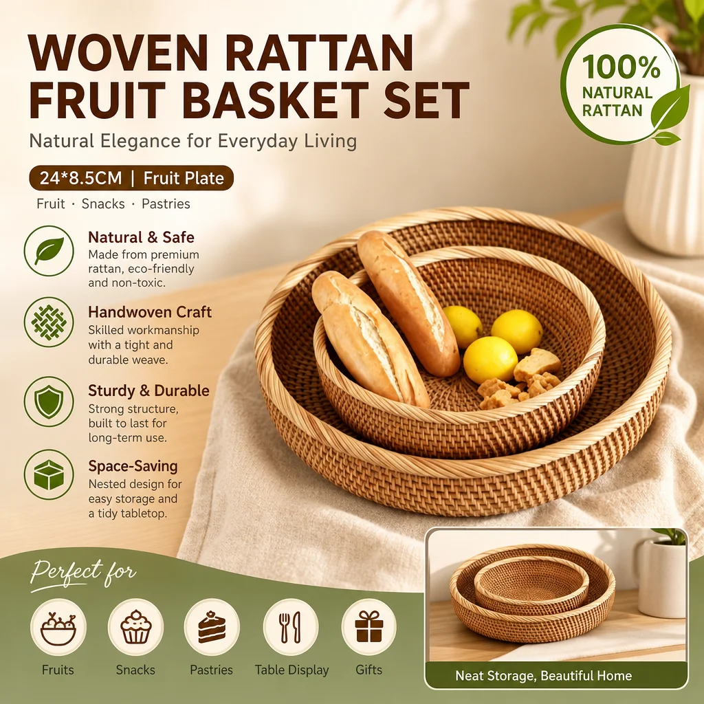 Vietnam Rattan Storage Tray Round Fruit Basket Handwoven Wicker Fruit Plate Japanese Style Snack Pastry Serving Tray Living Room