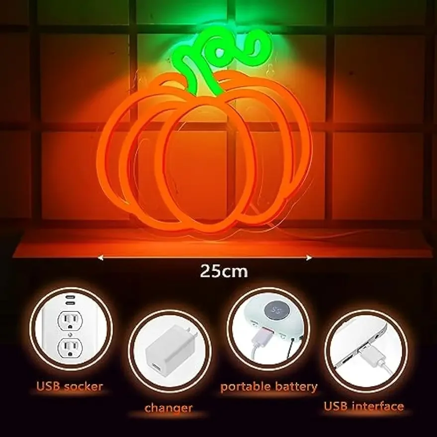 Halloween Pumpkin Neon Sign Halloween Decoration Neon Light LED Sign for Wall Decor USB Powered for Halloween Party Kids Gift