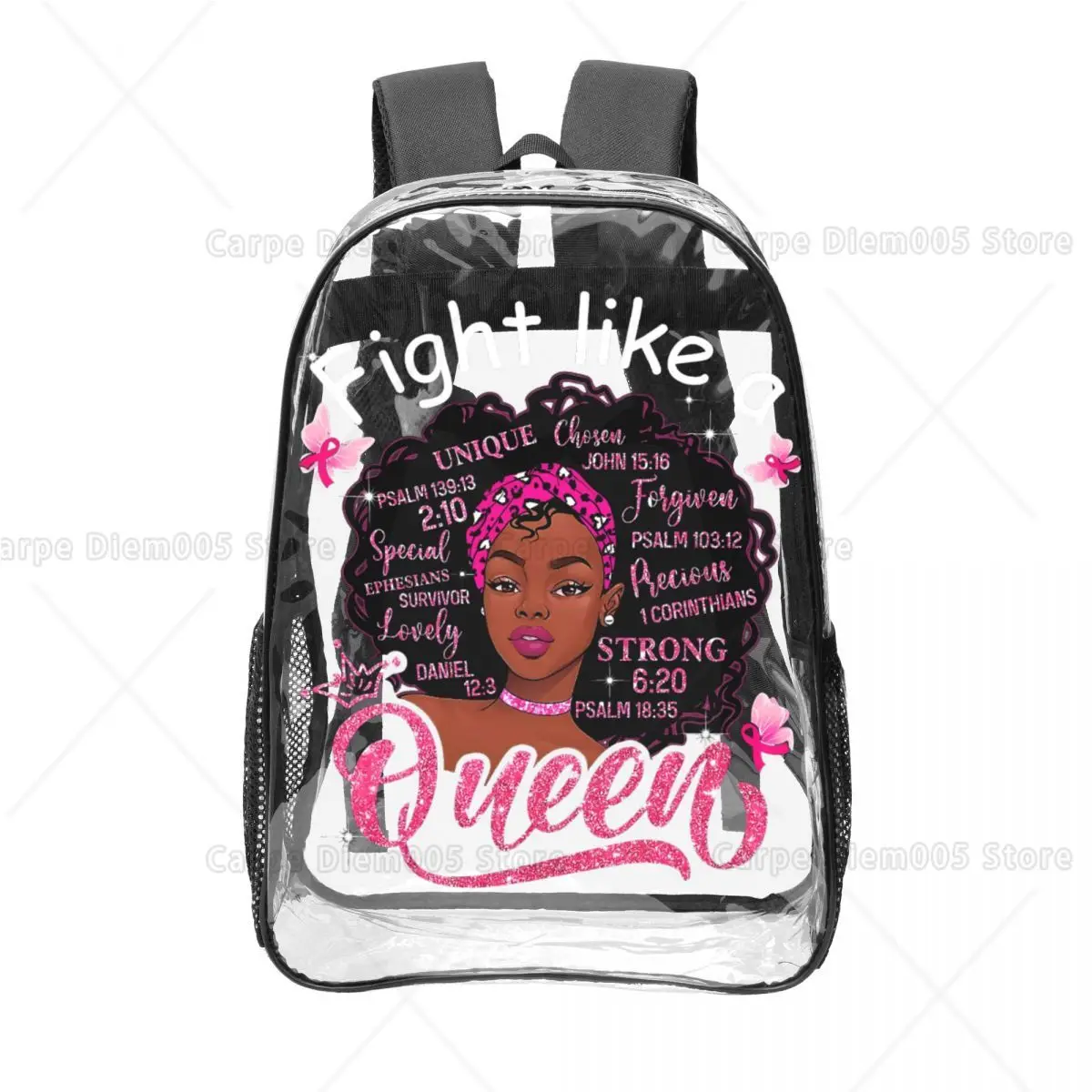 

Fight Like A Queen" Clear Backpack Black Woman Breast Cancer Awareness Design Transparent PVC School Bag 16in