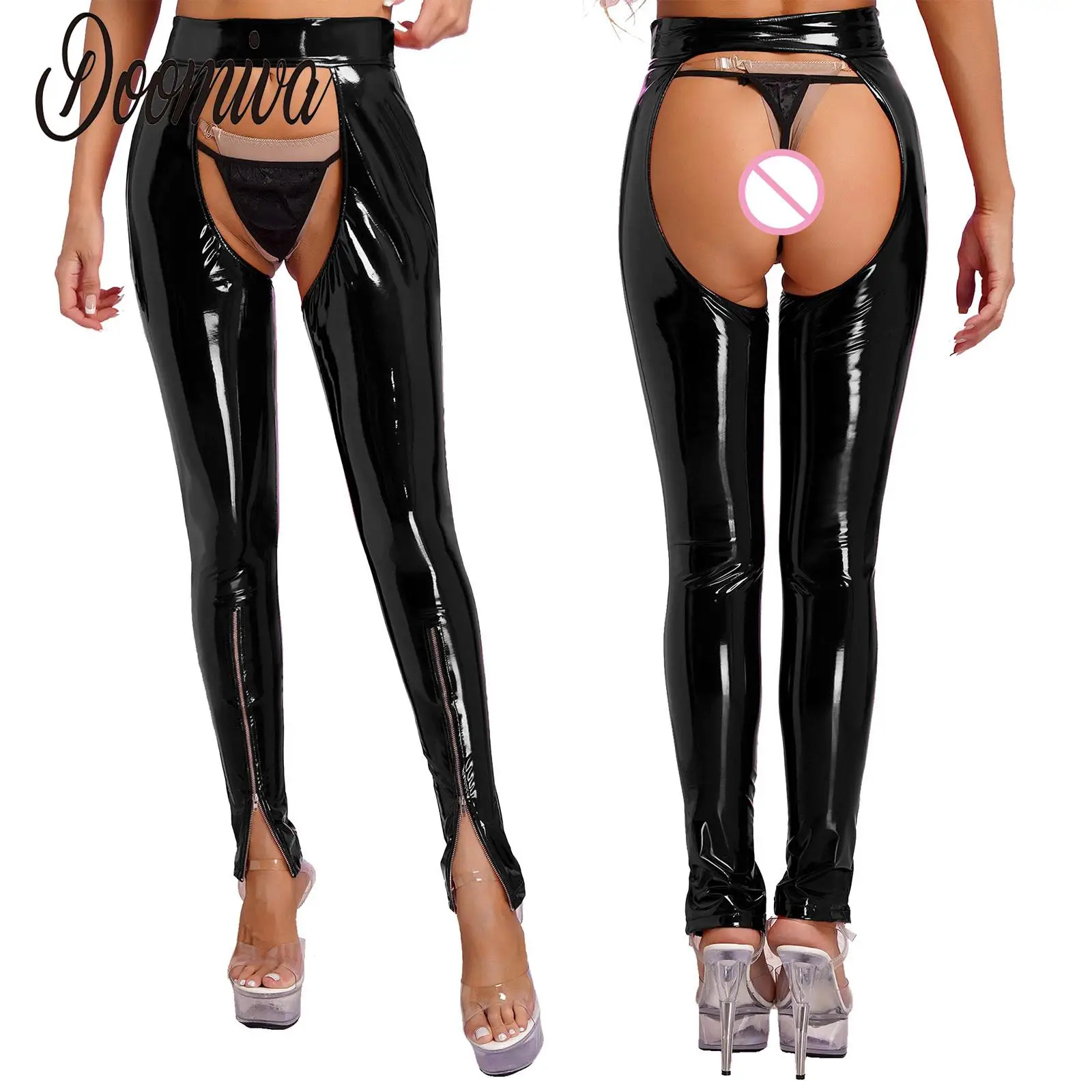 

Womens Wet Look Patent Leather Trousers Sexy Pants Open Crotch and Butt Zipper Leg Skinny Legging Rave Party Night Club Clothes