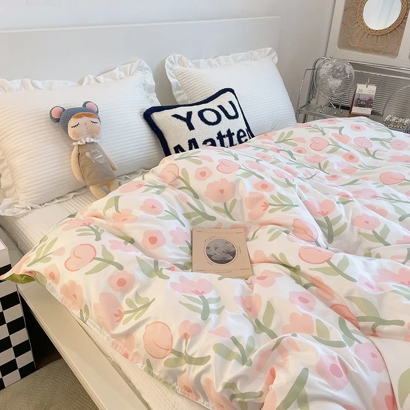 Pink Lily Of The Valley Bedding Set Duvet Cover Soft Queen King Size Flat Bed Sheet Girls Floral Quilt Cover Pillowcase Kawaii