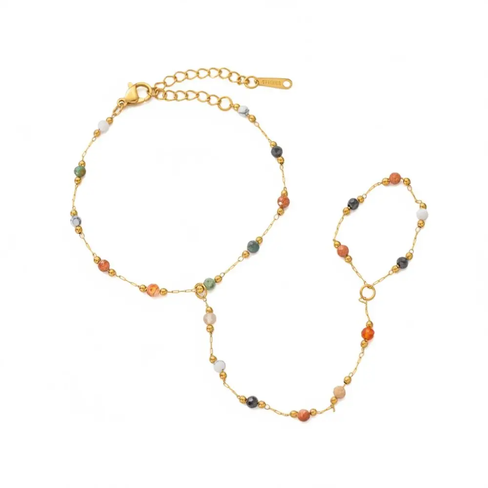 Stainless Steel Flower Bracelet Gold Color Crystal Beaded Finger Wrist Chain Finger Wrist Integrated Flower Design
