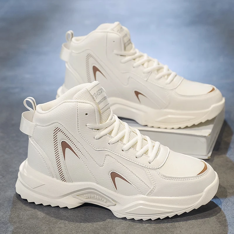

High-Top Men's Basketball Sports Shoes Winter Waterproof Leather Surface Running Shoes Thick Bottom Heightening Casual White ...