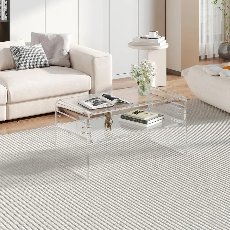 Coffee Table, Clear Rectangle Side Table Furniture, Modern Tea Table With Open Storage, End Table for Living Room, Office Recept