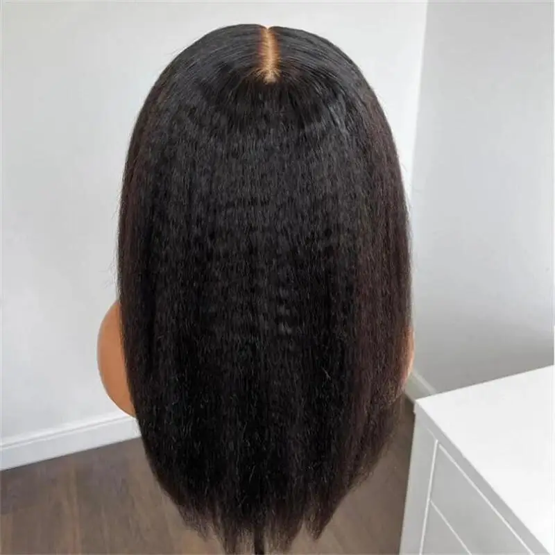 Yaki Wig renda rambut asli untuk wanita, Wig renda depan rambut lurus Kinky hitam alami dengan ketebalan 180 panjang 26 inci untuk wanita