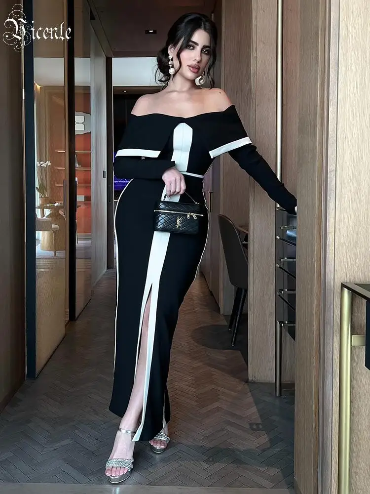 فستان VC Gala Glamour أبيض وأسود مكشوف الكتفين بدون ظهر مع فتحة عالية للثوب الرسمي