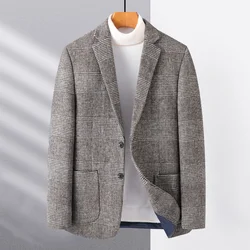 Top Grade Men Wool Blazer Jacket 2022 New Autumn and Winter Men's Business Casual Classic Plaid Iron Free Warm  Blazers Coats