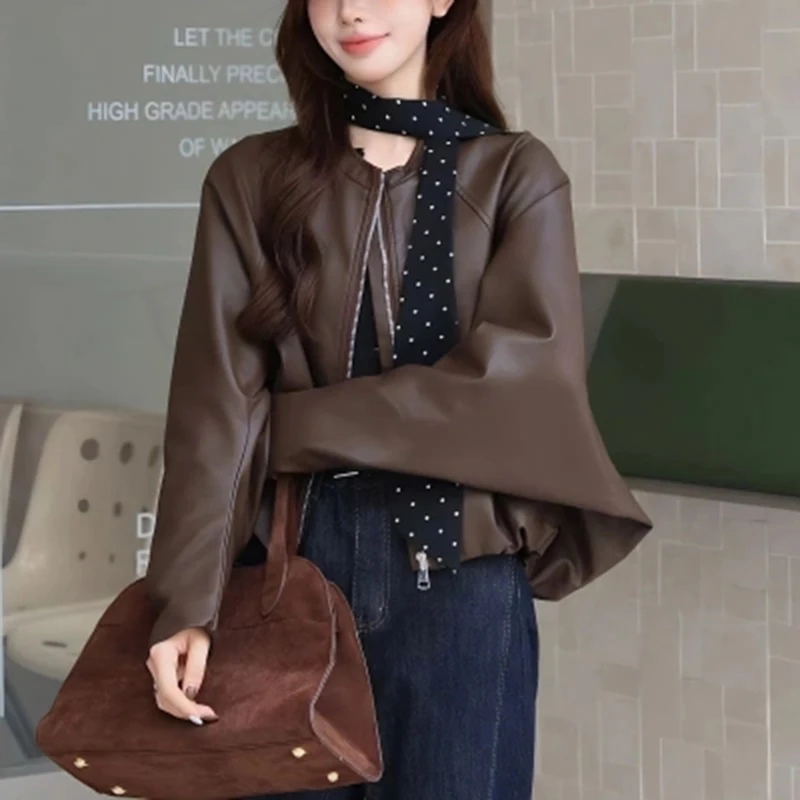 

Женская корейская куртка из искусственной кожи, шелковый шарф, элегантное осенне-зимнее пальто, уличная повседневная верхняя одежда с рукавами «летучая мышь» и круглым вырезом, Harajuku Y2K Top