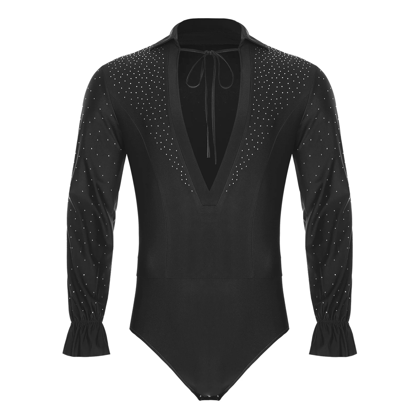 

Mens Latin Dance Leotard V Neck Long Sleeve Glitter Rhinestones Latin Jazz Bodysuit for Profession Ballroom Stage Performance