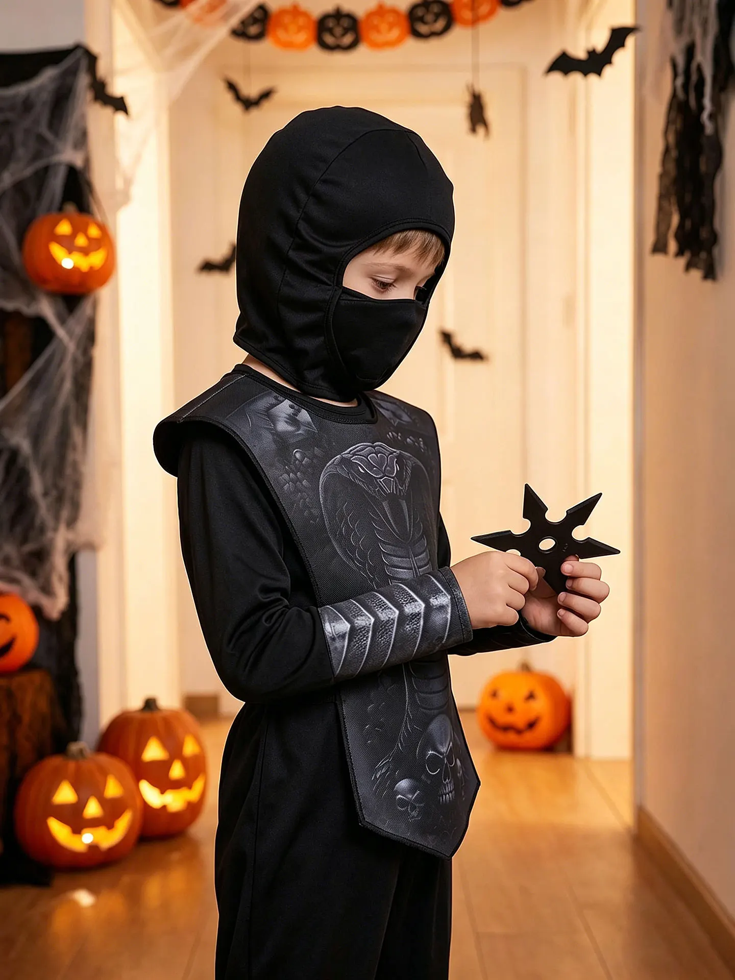 Viper Ninja Cosplay-Outfit für Kinder, Polyester-Overall mit Masken-Brustpanzerung für Jungen, Halloween-Mottoparty – Detail 1