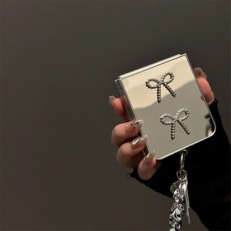 Cool Silver Mirror Style 3d Bow Flip Case For Samsung Z Flip6 5 4 3 / Oppo Find N3 N2 Flip /Mix Flip Cover With Wrist Chain